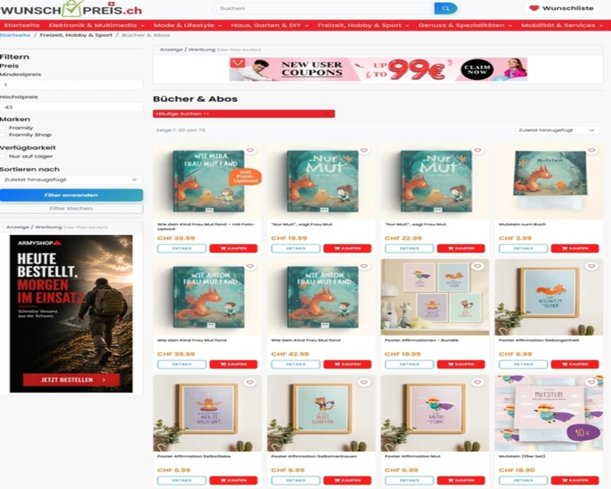Bannerwerbung auf WunschPreis.ch & WunschPreis.com